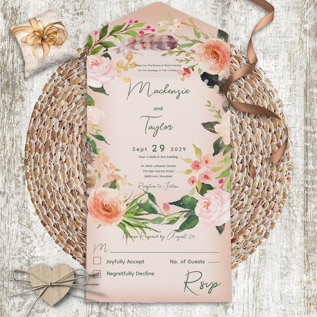 Boho Peach Floral Wreath & Feathers No Dinner All In One Invitation (Creator Uploaded)