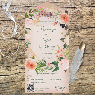 Boho Peach Floral Wreath & Feathers QR Code All In One Invitation