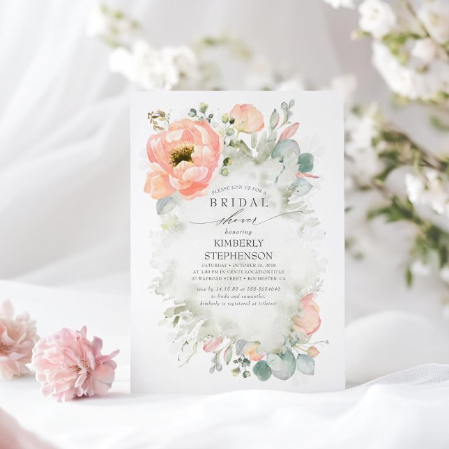 Boho Peach Flowers Elegant Garden Bridal Shower Invitation (Floral Romantic Bridal Shower Invitations)