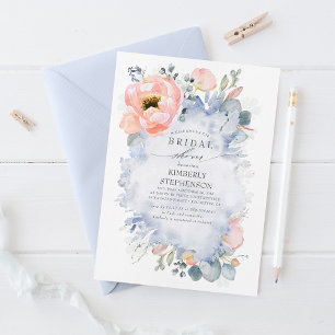 Boho Peach Flowers Soft Dusty Blue Bridal Shower Invitation