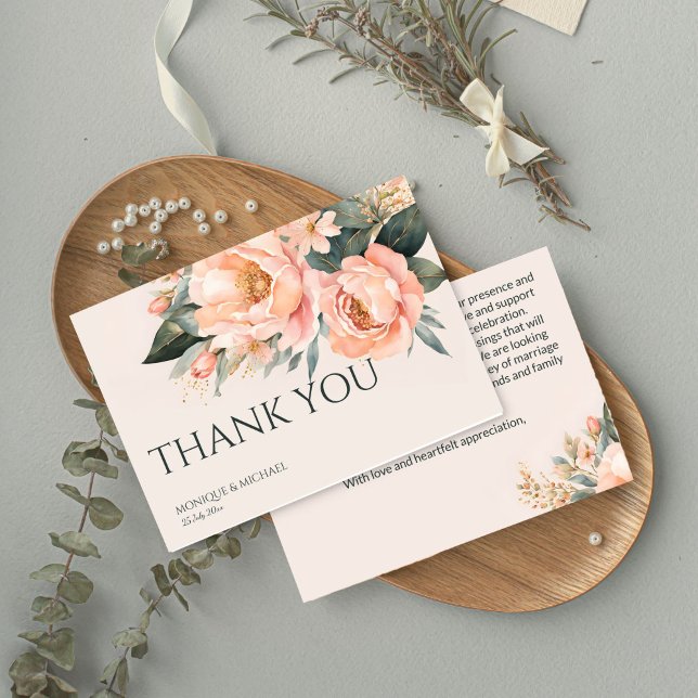 Boho peach green earthy floral wedding thank you card (Boho peach peonies flowers earthy floral wedding thank you cards simple modern thank yous)