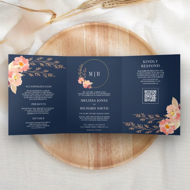 Boho Peach Orchid Floral QR Code Navy Blue Wedding Tri-Fold Invitation (Creator Uploaded)