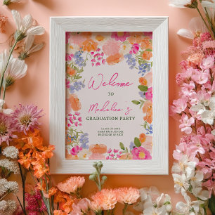 Boho Peach Pink Floral Graduation Party Welcome Poster