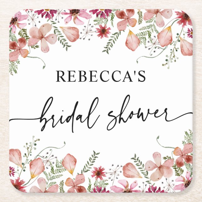 Boho Peach Pink Wildflowers Bridal Shower Square Paper Coaster (Front)