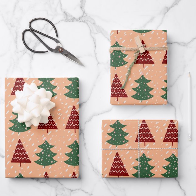 Boho Peach Red Green Christmas Trees Holiday  Wrapping Paper Sheet (Front)