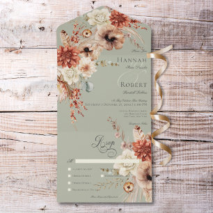 Boho Peach & Rust Floral & Feather Green Dinner All In One Invitation