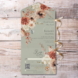 Boho Peach & Rust Floral & Feather Green QR Code All In One Invitation