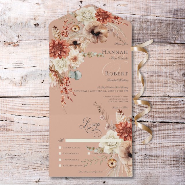 Boho Peach & Rust Floral & Feather Peach Dinner All In One Invitation (Boho Peach & Rust Floral & Feather Peach Dinner All In One Invitation)