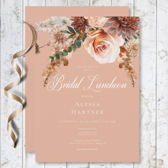 Boho Peach & Rust Floral Peach Blush Bridal Lunch Invitation (Boho Peach & Rust Floral Peach Blush Bridal Lunch Invitation)
