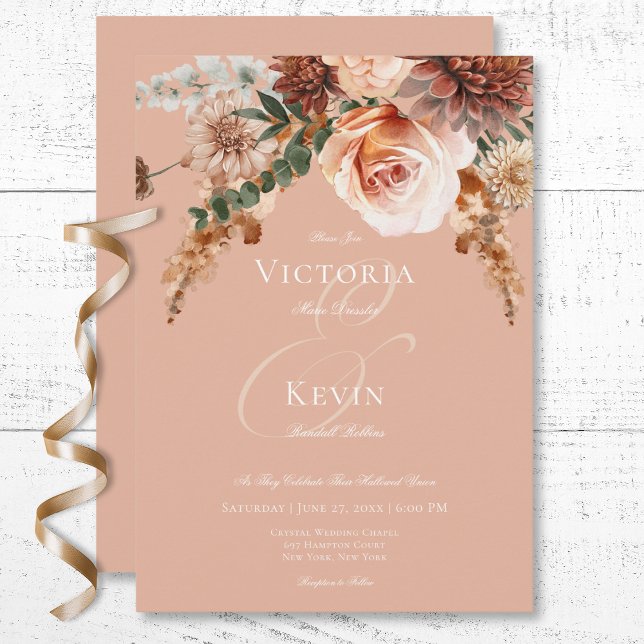 Boho Peach & Rust Floral Peach Blush Wedding Invitation (Boho Peach & Rust Floral Peach Blush Wedding Invitation)