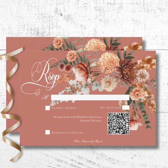 Boho Peach & Rust Floral Rust QR Code RSVP Card (Boho Peach & Rust Floral Rust Wedding Response Card with QR Code)