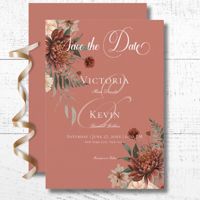 Boho Peach & Rust Floral Rust Wedding Save The Date (Boho Peach & Rust Floral Rust Wedding Save The Date Card)