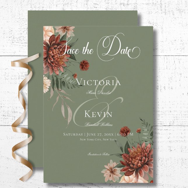 Boho Peach & Rust Floral Sage Green Wedding Save The Date (Boho Peach & Rust Floral Sage Green Wedding Save The Date Card)