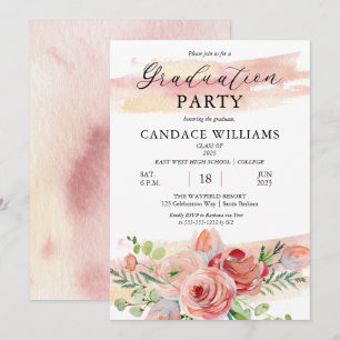 Boho Peach Watercolor Floral Graduation Party Invitation
