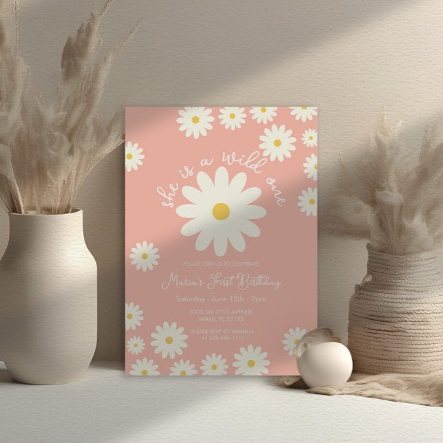 Boho Peach White Daisy She is a Wild ONE Birthday  Invitation (Creator Uploaded)