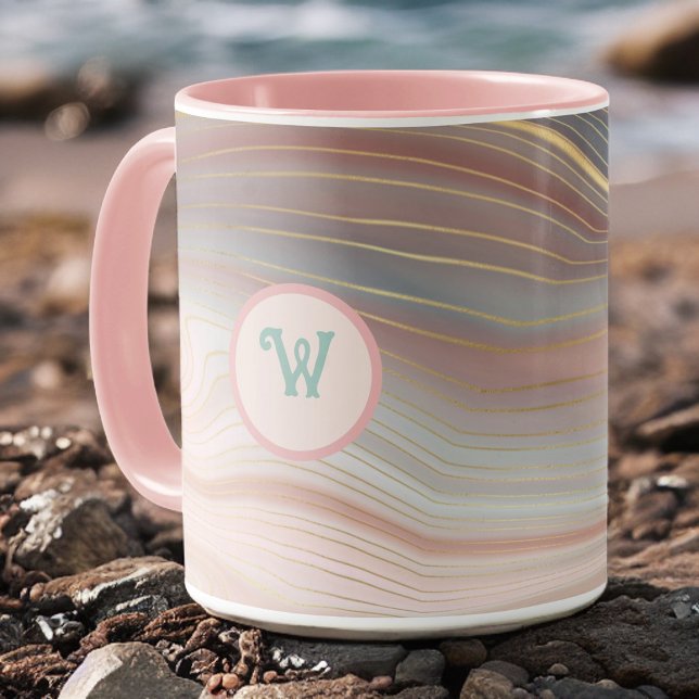 Boho Peachy Pink and Aqua Gold Strata with Initial Mug (Creator Uploaded)