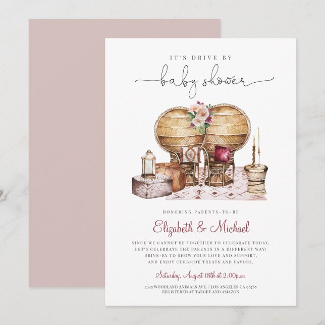 Boho Peacock Chair Girl Drive By Baby Shower  Invitation (Front/Back)