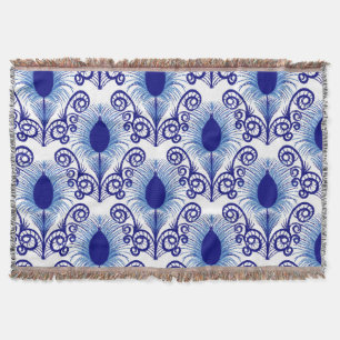Boho Peacock Feather Jewel Tone-Blue Throw Blanket
