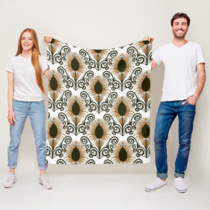 Boho Peacock Feather Jewel Tone-Golden Brown Fleece Blanket