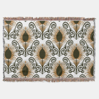 Boho Peacock Feather Jewel Tone-Golden Brown Throw Blanket