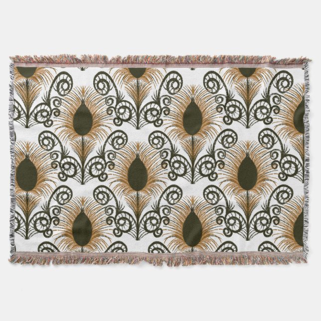 Boho Peacock Feather Jewel Tone-Golden Brown Throw Blanket (Front)