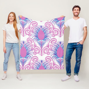 Boho Peacock Feather Jewel Tone-Neon Pink Fleece Blanket