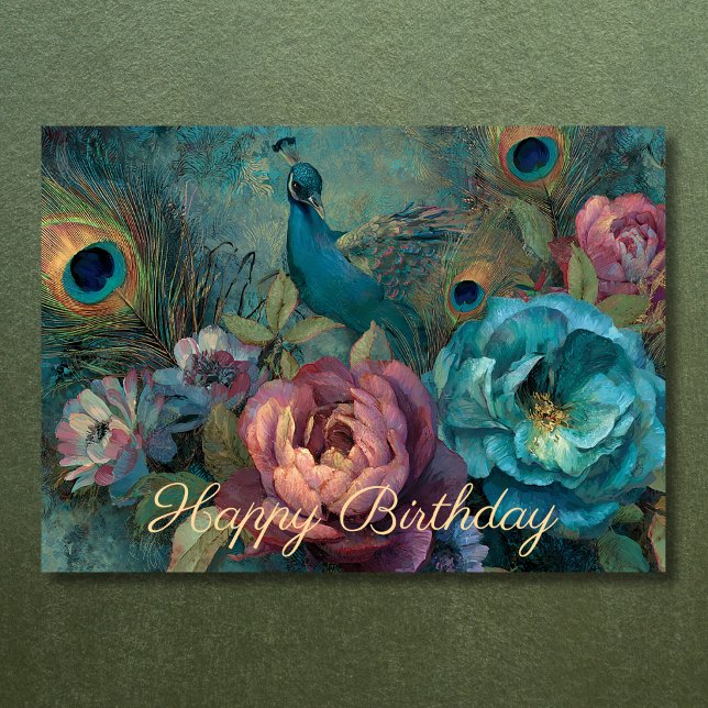 Boho Peacock Flowers and Feathers Birthday Card (Boho Peacock Flowers and Feathers Birthday Card Front)