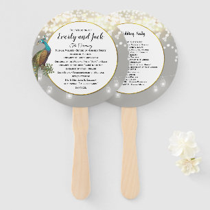 Boho Peacock Grey Teal Gold Wedding Program Hand Fan