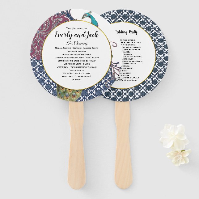 Boho Peacock Grey Teal Gold Wedding Program Hand Fan (Front and Back)
