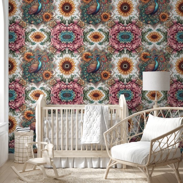 Boho Peacock & Sunflower Bliss Wallpaper (Kids)