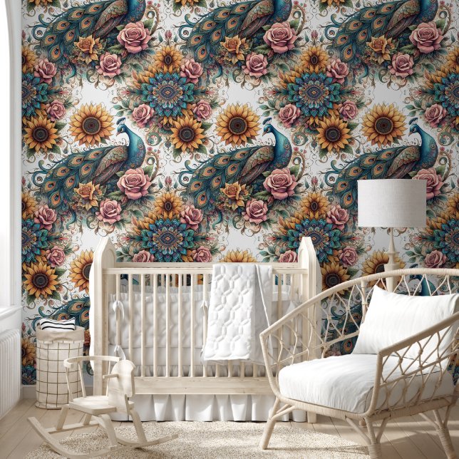 Boho Peacock & Sunflower Symphony Wallpaper (Kids)