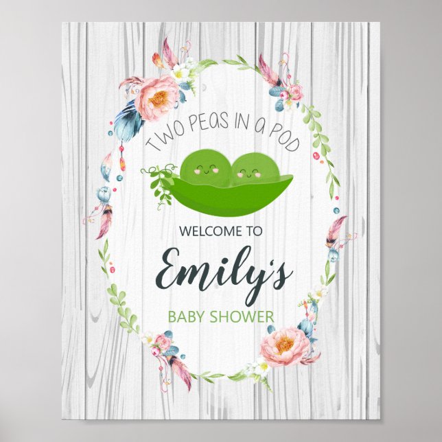 Boho Peas in a Pod Baby Shower Twins Welcome Sign (Front)