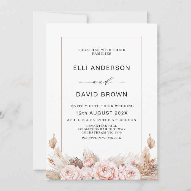 Boho Peonies and Pampas Grass Floral Wedding Invit Invitation (Front)