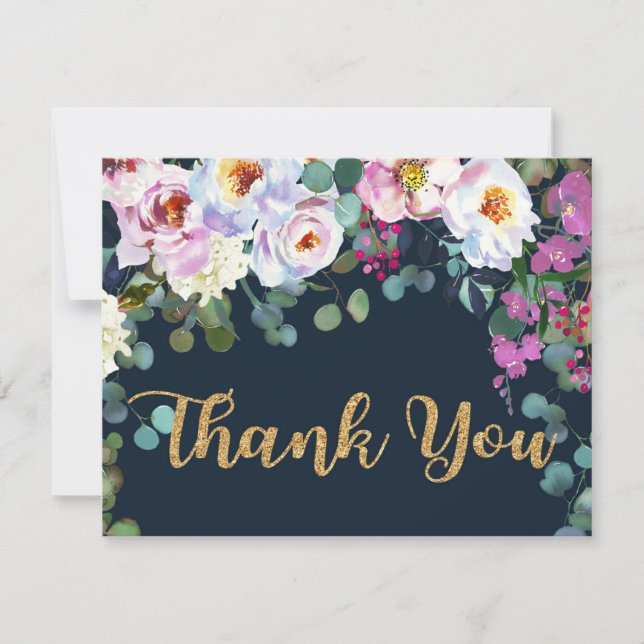 Boho Peonies Navy Floral Modern Thank You Card (Front)
