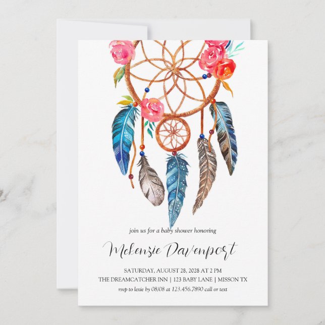 Boho peony Floral Dreamcatcher Baby Shower Invitation (Front)