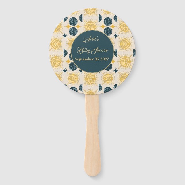 Boho Personalised Sun Moon Stars Blue Yellow Hand Fan (Front)