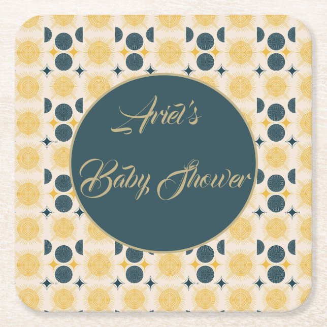Boho Personalised Sun Moon Stars Blue Yellow Square Paper Coaster (Front)