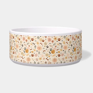 Boho Pet Food Bowl | Hand-Drawn Paw & Botanicals