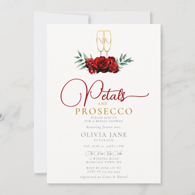 Boho Petals Prosecco Red Roses Gold Bridal Shower Invitation (Front)