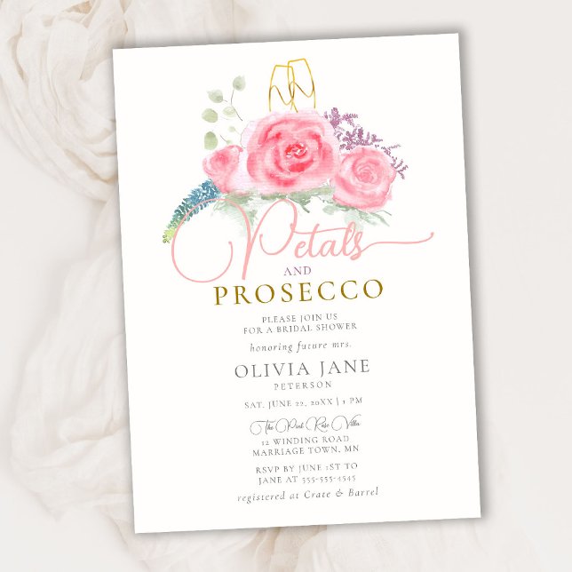 Boho Petals Prosecco Rose Coral Gold Bridal Shower Invitation (Creator Uploaded)