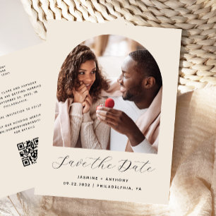 Boho Photo Arch Beige QR Code Save the Date Postcard