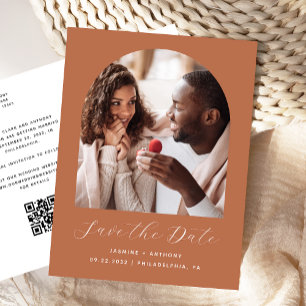 Boho Photo Arch Terracotta QR Code Save the Date Postcard