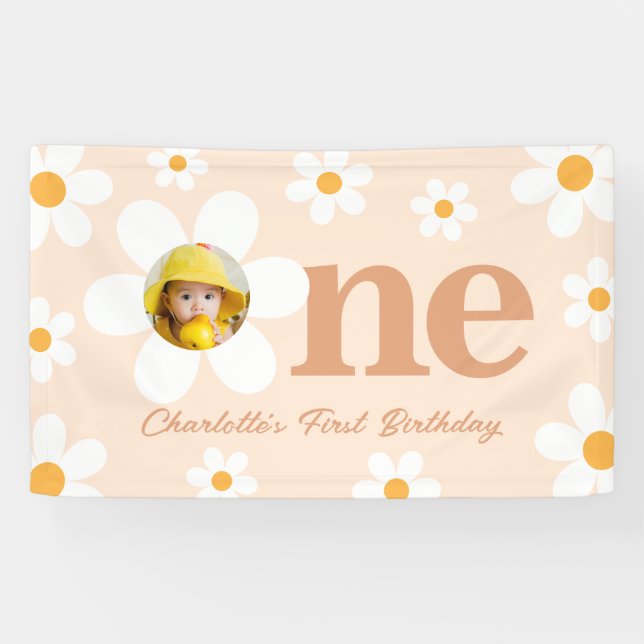 Boho Photo Daisy 1st Birthday Party Banner (Horizontal)