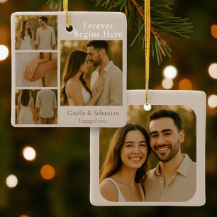 Boho Photo Engagement Collage Christmas Holiday Ceramic Ornament