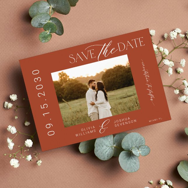 Boho photo modern typography script orange wedding save the date (Creator Uploaded)