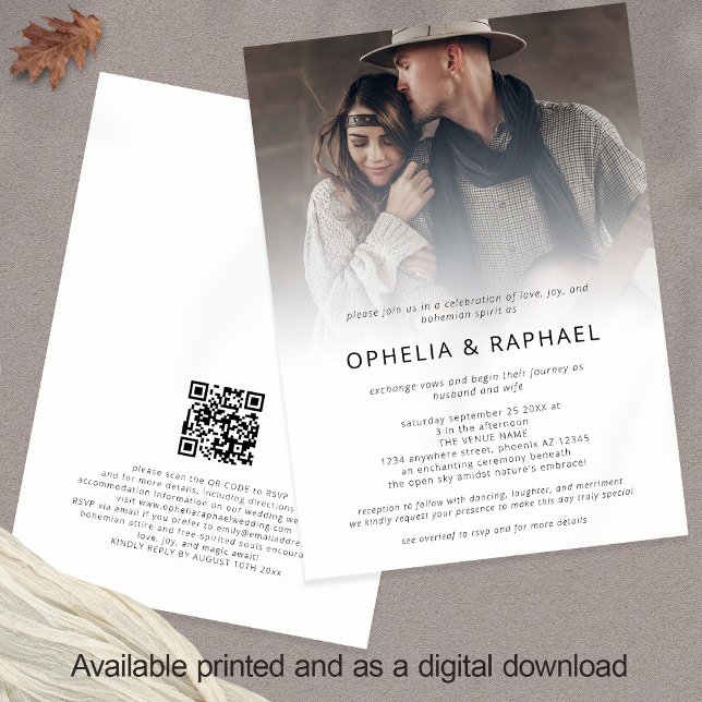 Boho Photo Overlay QR Code Bohemian Wedding  Invitation (Front and back view)