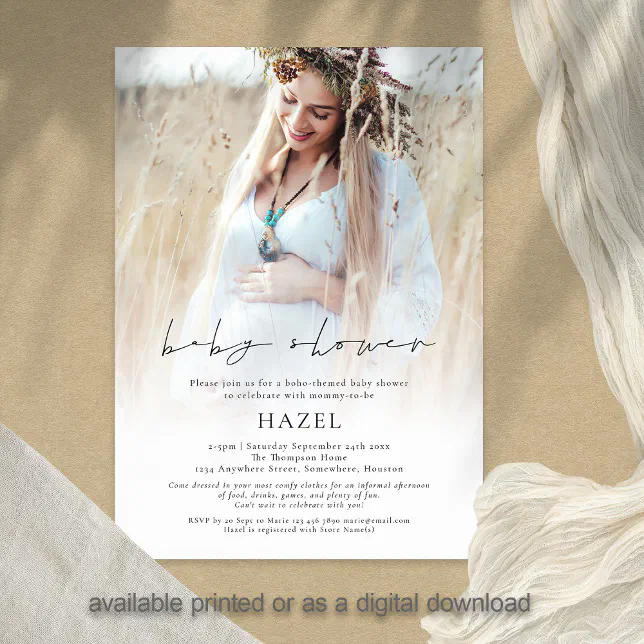 Boho Photo Overlay Script Bohemian Baby Shower Invitation | Zazzle