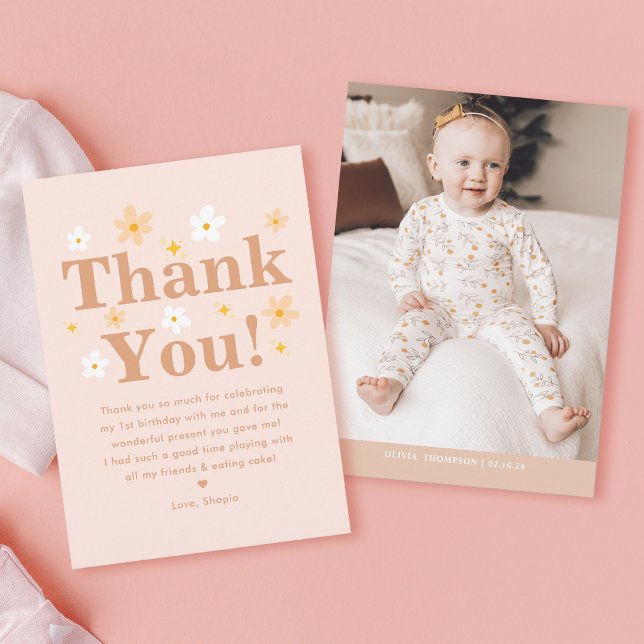 Boho Photo Pink Daisy Birthday Party Thank You Card (Creator Uploaded)