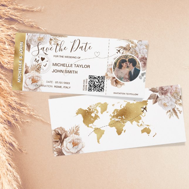 Boho Photo Save the Date Boarding Pass QR Code Invitation (boho pampas grass gold world map)