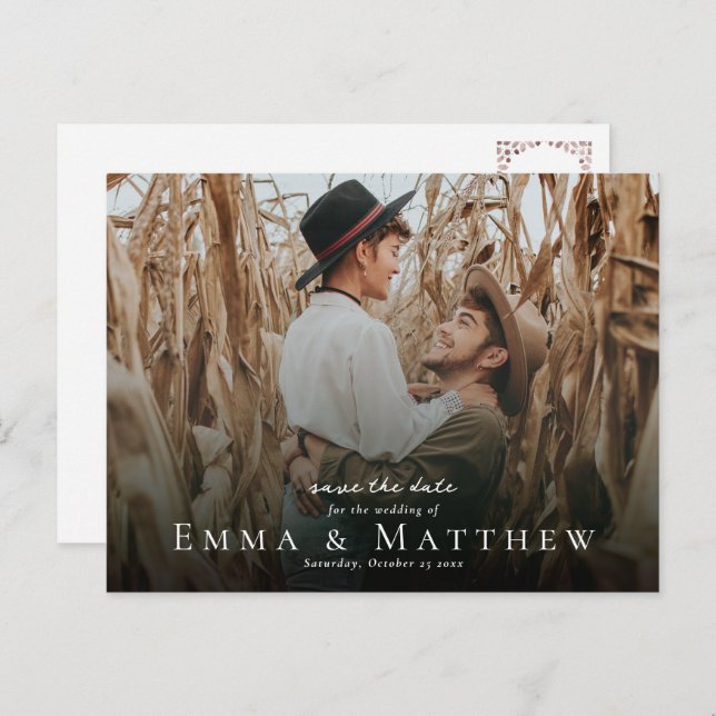 Boho Photo Save The Date with Moroccan Brown Tile Postcard (Front/Back)